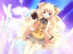  :3 animal_ears bare_shoulders blizz blonde_hair blue_eyes bow bracelet cloud foreshortening jewelry long_hair microphone seeu skirt sky smile solo star thigh-highs thighhighs very_long_hair vocaloid zettai_ryouiki 
