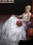  bare_shoulders blonde_hair blue_eyes bouquet claymore dress flower helen highres leo_chuang lips nose realistic sitting solo wedding_dress 