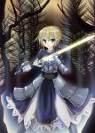  ahoge armor armored_dress blonde_hair dress excalibur fate/stay_night fate_(series) faulds gauntlets glowing glowing_sword glowing_weapon green_eyes hair_ribbon highres kisaragiyu ribbon saber solo sword weapon 
