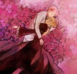  1girl bare_back beatrice black_dress blonde_hair choker closed_eyes couple dress eyes_closed flower hair_bun hand_on_head hug jacket open-back_dress popompon red_hair red_rose redhead rose short_hair sleeping umineko_no_naku_koro_ni ushiromiya_battler 