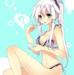  1girl ? alternate_hairstyle anceril_sacred bikini eating green_eyes long_hair mishima_kurone open_mouth original ponytail silver_hair sitting solo striped striped_bikini striped_swimsuit swimsuit 