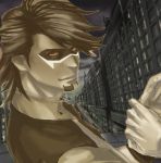  brown_eyes brown_hair cityscape facial_hair hematite kaburagi_t_kotetsu male mask muted_color muted_colors necktie short_hair solo stubble tiger_&amp;_bunny vest waistcoat 