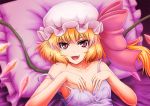  blonde_hair dress fangs flandre_scarlet hands_on_own_chest hands_to_chest hat hat_ribbon lying nazal nightgown on_back open_mouth pillow purple_dress red_eyes ribbon side_ponytail smile solo strap_slip the_embodiment_of_scarlet_devil touhou wings 