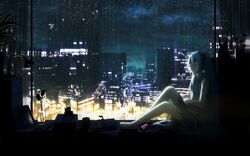  barefoot blue_hair city hatsune_miku headphones rain scenic vocaloid 