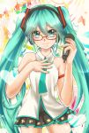  aqua_eyes aqua_hair aqua_nails bad_proportions glasses hand_on_own_chest hand_to_chest hatsune_miku headphones kuruneko_53 long_hair microphone nail_polish necktie red-framed_glasses skirt smile solo twintails very_long_hair vocaloid vocaloid_(lat-type_ver) 