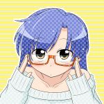  bare_shoulders bespectacled blue_hair blush brown_eyes face glasses idolmaster kisaragi_chihaya long_hair red-framed_glasses sleeves_past_wrists solo sweater wagomu17 