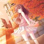  autumn_leaves bare_shoulders black_eyes black_hair building city clock dutch_angle foreshortening from_behind hair_ribbon lamppost light_smile long_hair looking_back original outstretched_arms overgrown red_sky ribbon ruins skirt skirt_lift sky sleeveless solo spread_arms stairs sunset tree wading water wind_lift yumemizuki 