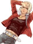 barnaby_brooks_jr belt blonde_hair fuji_enna green_eyes jacket jewelry lying male necklace no_glasses red_jacket simple_background solo studded_belt tiger_&amp;_bunny white_background 