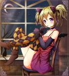  1girl argyle_legwear bat_wings blonde_hair blush bow candy crescent_moon detached_collar dress elbow_gloves gloves hair_bow halloween highres legs_up lollipop looking_at_viewer moon night night_sky ok-ray original purple_eyes short_hair short_twintails sitting sky solo star_(sky) twintails violet_eyes window wings wrist_cuffs 