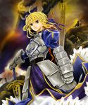  armor armored_dress blonde_hair cape dress excalibur fate/stay_night fate_(series) faulds gauntlets green_eyes hair_ribbon highres manbosakuranbo ribbon saber sword weapon 