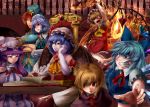  :&lt; arm_up ascot bat_wings blonde_hair blue_dress blue_eyes blue_hair blush book bow braid breast_envy breasts capelet chair cirno clenched_teeth closed_eyes crescent crossed_arms cup desk dress drooling elbow_gloves eyes_closed fangs fire flandre_scarlet gem gloves glowing glowing_eye hair_bow hand_on_cheek hand_on_own_cheek hand_on_own_face hat hat_ribbon hong_meiling izayoi_sakuya laevatein large_breasts long_hair maid maid_headdress midriff multicolored_dress multiple_girls open_mouth outstretched_arms outstretched_hand patchouli_knowledge pink_dress purple_eyes purple_hair reading red_eyes red_hair redhead remilia_scarlet ribbon rumia shirt short_hair skirt skirt_set sleeping sleeping_upright smile star staring_at_breasts striped striped_dress sweat teacup the_embodiment_of_scarlet_devil touhou twin_braids violet_eyes white_gloves wings yana_(nekoarashi) youkai 