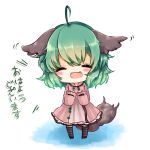  ahoge animal_ears blush chibi closed_eyes dress eyes_closed fang green_hair hands_on_own_chest hands_to_chest kasodani_kyouko open_mouth pink_dress solo tail touhou translated translation_request yuya_(night_lily) 