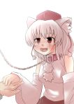  animal_ears bust chain chains collar detached_sleeves fang gaoo_(frpjx283) hands hat inubashiri_momiji open_mouth red_eyes short_hair simple_background solo tail tokin_hat touhou wolf_ears wolf_tail 