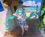  aqua_eyes aqua_hair blue_eyes blue_hair bracelet clouds contemporary fashion greece greek hair_ribbon hand_on_headphones hatsune_miku headphones jewelry landscape long_hair ocean outdoors ribbon scenic skirt sky solo sunglasses teddy_yang twintails very_long_hair vocaloid 