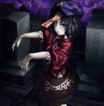  bad_id black_hair blue_eyes hat highres jiangshi lolicept miyako_yoshika outstretched_arms pale_skin shaun_(fallenicons) skirt solo star tombstone touhou zombie_pose 