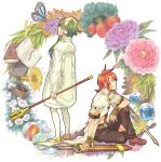  apple book butterfly fingerless_gloves flower food fruit gloves green_hair hair_tubes hairband ion long_hair luke_fon_fabre miho_(mi) multiple_boys musical_note phonograph red_hair redhead staff sword tales_of_(series) tales_of_the_abyss tree weapon 