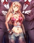  blush bow bow_(artist) bow_(bhp) bowtie breasts cleavage crop_top crossed_arms elbow_gloves fingerless_gloves formal gloves green_eyes hair_bow hand_on_hip height_difference highres hips large_breasts looking_at_viewer midriff navel no_bra original size_difference smile suit underboob 
