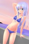  arm_up bikini black_eyes blue_hair blush dutch_angle highres hyonsan2 long_hair navel original sea swimsuit water 