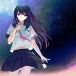  book kimura_daisuke light_smile long_hair navel night night_sky original pleated_skirt purple_eyes school_uniform serafuku skirt sky solo star_(sky) violet_eyes 