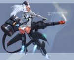  1girl ace_combat_assault_horizon animal_ears arched_back asf-x_shinden_ii ass belt_feed bigegg bodysuit dark_skin exhaust extra_ears flying from_behind garrison_cap green_eyes gun hat highres looking_at_viewer looking_back minigun panties peaked_cap personification pointy_ears solo steam weapon white_hair 