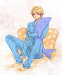  barefoot blonde_hair blue_eyes dolphin keith_goodman male messy_hair pajamas pillow short_hair solo souma_(stippie) stuffed_animal stuffed_dolphin stuffed_toy tiger_&amp;_bunny vertical_stripes 