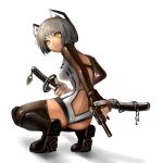  animal_ears blue_eyes boots call_of_duty:_black_ops chain chains dark_skin fang from_behind grey_hair gun katana kneeling looking_at_viewer looking_back multicolored_eyes nail_polish personification revolver scabbard sheath short_hair solo squatting sword thigh-highs thighhighs trigger_discipline unsheathing weapon yellow_eyes 