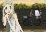  bicycle blue_eyes crossover denpa_onna_to_seishun_otoko dress futon honma_meiko long_hair porinkii silver_hair touwa_erio vector_trace 