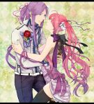  1girl couple flower hug kamui_gakupo megurine_luka mo_(interpol) nail_polish pink_hair ponytail purple_hair ribbon rose smile thigh-highs thighhighs vocaloid 