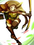  1girl arrow belt boots bow_(weapon) braid brown_eyes cloak dragon&#039;s_crown elf elf_(dragon&#039;s_crown) grey_hair hood leg_up long_hair mafen pointy_ears quiver rough shorts solo thigh_boots thighhighs twin_braids weapon wink 