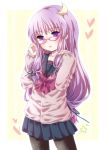  bespectacled black_legwear bow contemporary crescent glasses heart kuromame_(8gou) long_hair open_mouth pantyhose patchouli_knowledge purple_eyes purple_hair red-framed_glasses ribbon school_uniform skirt solo touhou violet_eyes 
