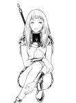  armor awa303 claymore claymore_(sword) highres hime_cut long_hair monochrome pauldron pauldrons riful sitting solo spoilers sword vambraces weapon young 