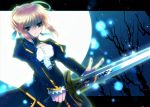  ahoge blonde_hair blue_dress blue_eyes dress fate/stay_night fate/zero fate_(series) full_moon ichiyou_moka letterboxed moon night pink_eyes saber solo sword tree weapon 