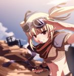  armor blonde_hair blurry blush boomerang depth_of_field fingerless_gloves flat_chest gloves goggles goggles_on_head grin hitokata_no_ou kuroba_nao midriff perspective rage red_eyes salute scarf shoulder_pads smile solo sunlight tasaka_shinnosuke twintails weapon 