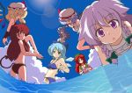  6+girls all_fours anniversary artist_request ball bat_wings beachball bikini blonde_hair blue_eyes blue_hair book braid celebration cirno cirno-nee commentary_request crescent demon_tail fang flandre_scarlet floating hat head_wings hong_meiling ice ice_wings izayoi_sakuya izayoi_sakuya_(young) koakuma lens_flare long_hair mikazuki_neko multiple_girls patchouli_knowledge purple_eyes red_eyes red_hair remilia_scarlet short_hair side-tie_bikini silver_hair star sun_glare swimsuit tail touhou twin_braids wading water wings young 