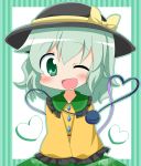  ayu_(iyokanya) chibi green_eyes green_hair hat heart komeiji_koishi open_mouth smile solo touhou wink 