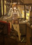  angel angel_wings arm_support bare_legs barefoot bathroom brown_eyes brown_hair brushing_teeth camisole clock copyright_request crossed_legs_(standing) flat_gaze halo highres inukoko mirror quill shorts sink solo standing television toothbrush washing_machine wings 