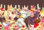  beret blonde_hair blush breasts cake candy chocolate corset cupcake detached_sleeves doughnut drill_hair fingerless_gloves food fruit gloves hat heart igaiga lying mahou_shoujo_madoka_magica purple_legwear skirt solo strawberry tears thigh-highs thighhighs tomoe_mami twin_drills twintails vertical-striped_legwear vertical_stripes yellow_eyes 