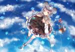  ahoge animal_ears basket blush capelet cloud domotolain dowsing_rod grey_hair jewelry looking_at_viewer mouse mouse_ears nazrin necklace pink_eyes short_hair skirt sky smile solo tail tail_bow touhou 