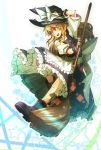  apron blonde_hair boots braid broom dress eho_(icbm) fingerless_gloves frilled_skirt gloves hand_on_hat hat kirisame_marisa long_hair open_mouth ribbon solo star touhou waist_apron witch witch_hat yellow_eyes 
