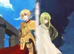  androgynous armor blonde_hair enkidu_(fate/strange_fake) fate/stay_night fate/strange_fake fate_(series) gilgamesh green_eyes green_hair kotemari_noboru long_hair male multiple_boys red_eyes translation_request 