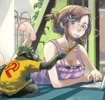  blue_eyes breasts brown_hair cigarette cleavage computer dynamite face feet glasses hair_ornament hairpin hands hat laptop large_breasts lying monkey on_stomach original short_hair smoking soles surprised ymr 