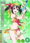  1girl bikini black_hair blush bow bracelet character_name earrings female green_background jewelry long_hair love_live!_school_idol_project navel official_art open_mouth red_eyes smile solo swimsuit twintails water_gun weapon yazawa_nico 