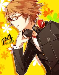  brown_eyes brown_hair glasses hanamura_yousuke headphones himishiro male persona persona_4 school_uniform solo 