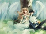  angel_wings black_hair blonde_hair brown_eyes closed_eyes dress eyes_closed feng_you ghost highres long_hair monou_kotori shirou_kamui short_hair tree wings x x_(manga) 