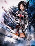  black_hair blue_eyes blush cape gauntlets highres original saiki2 scabbard sheath sheathed solo sword weapon 