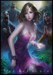  blood bracelet breasts cleavage dress fishnet_pantyhose fishnets gotgituey jewelry long_hair moon original pantyhose pink_dress rain running torn_clothes zombie 