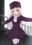 bad_id boots fate/stay_night fate/zero fate_(series) fur_hat hat illyasviel_von_einzbern jacket long_hair looking_away open_mouth outstretched_arms red_eyes scarf snow soburi solo spread_arms white_hair 