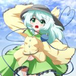  blush body_blush eyeball fueiku green_eyes green_hair hand_on_hat hat heart komeiji_koishi open_mouth short_hair silver_hair skirt solo sun_hat third_eye touhou 