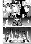  ^_^ ascot book bow braid closed_eyes comic crossed_arms eyes_closed fangs grin hair_bow hat hat_bow hong_meiling long_hair magic_circle monochrome multiple_girls patchouli_knowledge reading remilia_scarlet smile snort star touhou translated translation_request twin_braids yokochou 