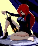  breasts cross hair_over_one_eye high_heels highres large_breasts long_hair numadaira parasoul_(skullgirls) red_hair redhead single_shoe sitting skirt skullgirls smile smirk solo umbrella yellow_eyes 